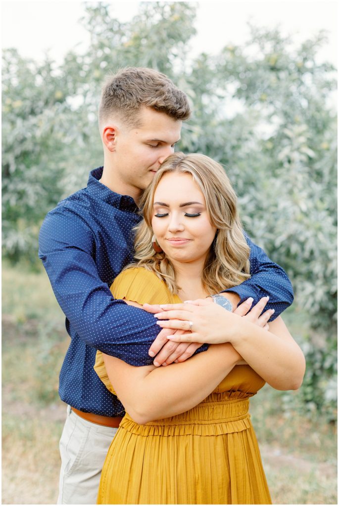 Summer Orchard Engagement Session in Navy and Mustard