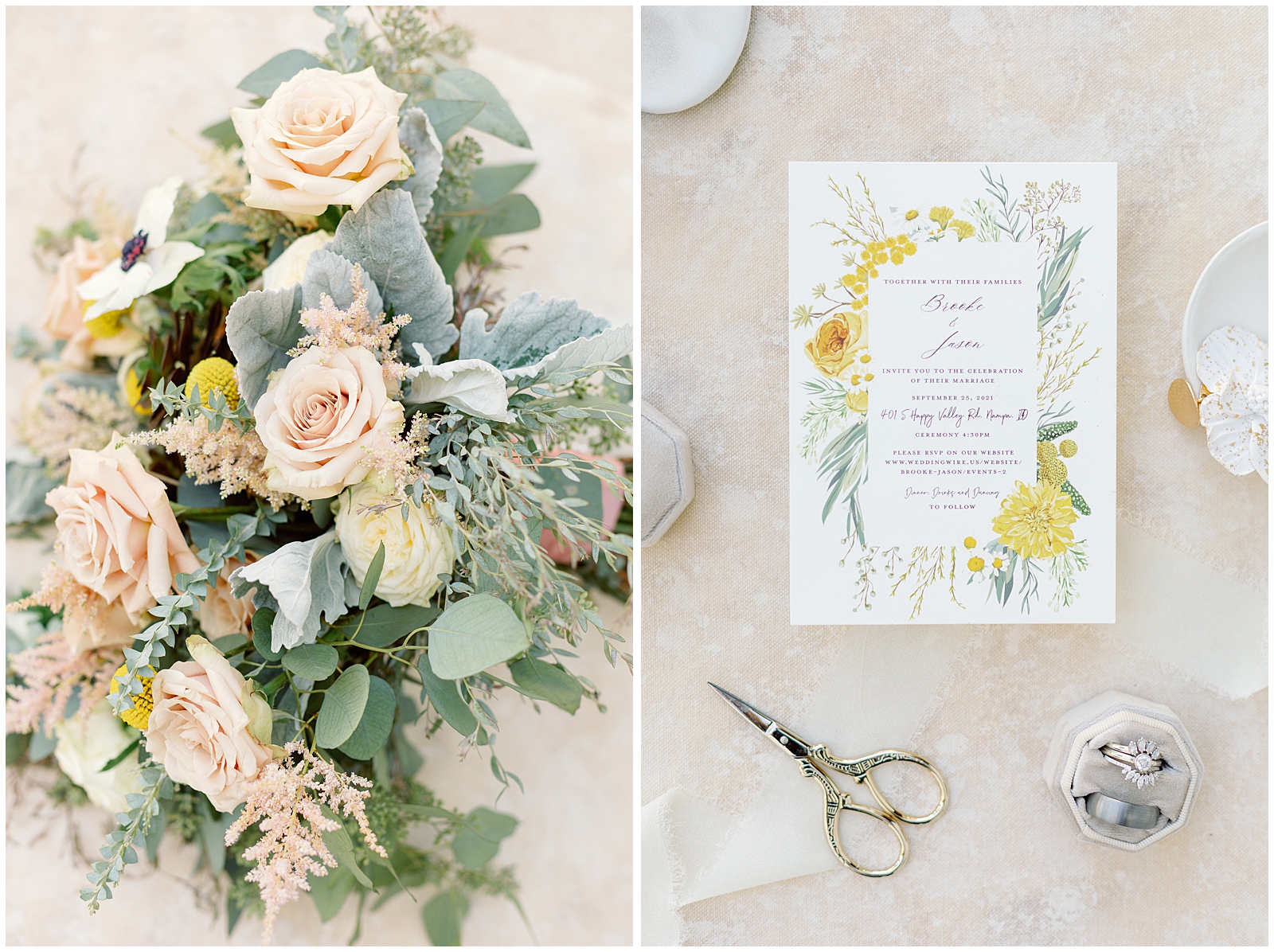 Bridal Bouquet and Invitation Suite at Timeless White Barn at Happy Valley Wedding