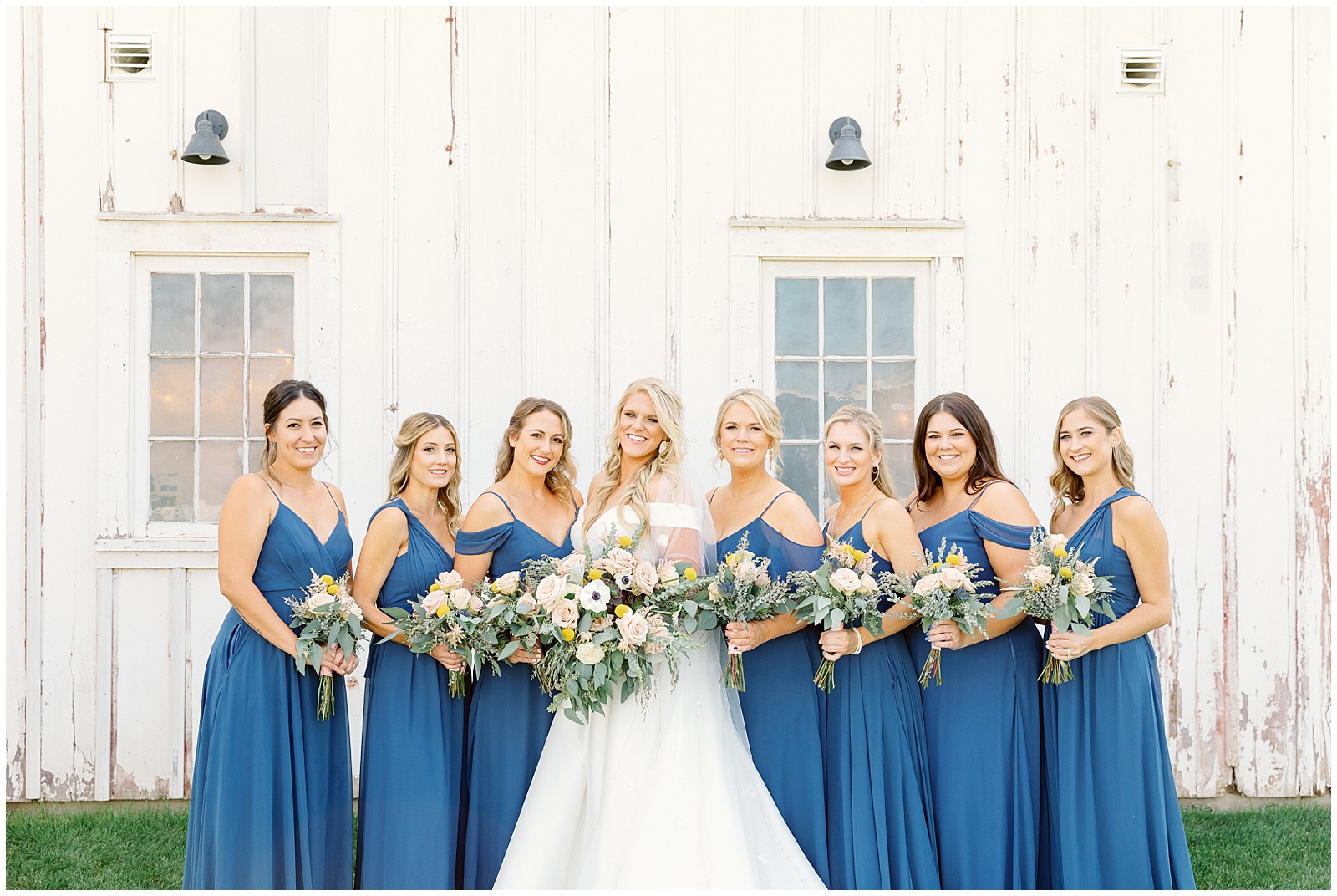 Timeless White Barn at Happy Valley Wedding Bridesmaids in blue