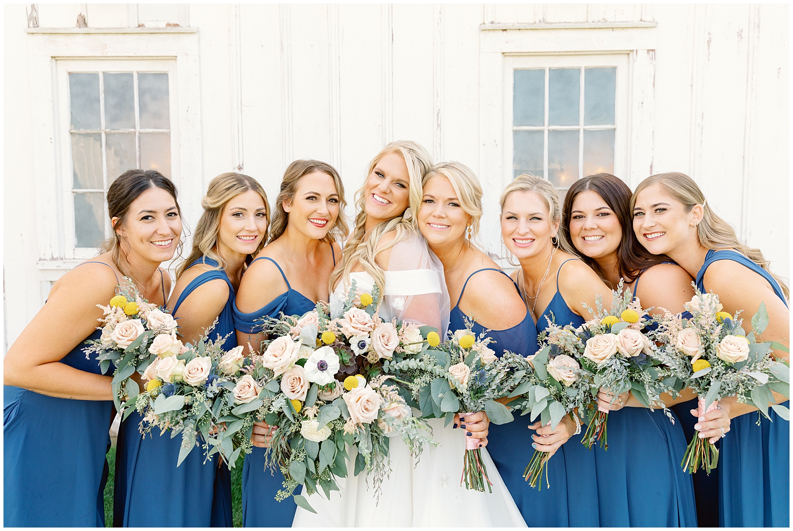 Timeless White Barn at Happy Valley Wedding Bridesmaids in blue