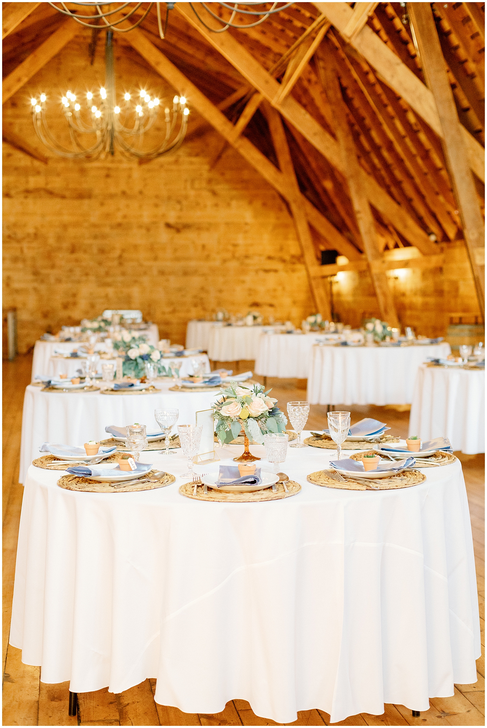 Timeless White Barn at Happy Valley Wedding Tablescapes with Dusty blue and terracotta 
