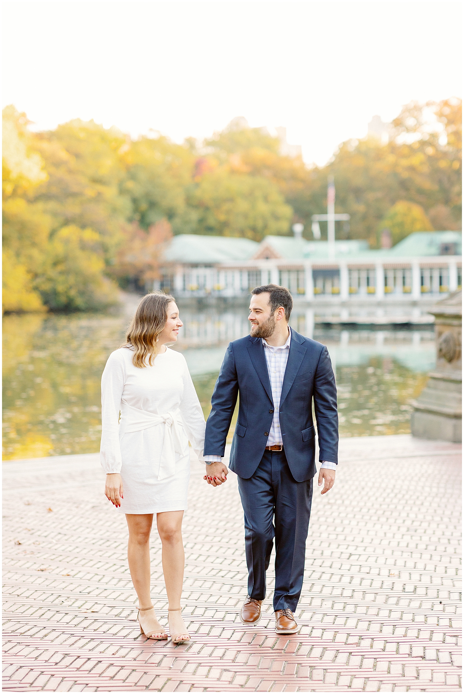Fall NYC Central Park Engagement in front of the Loeb Boathouse